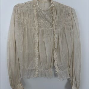 Elegant Cream Vintage Lace Trim Blouse